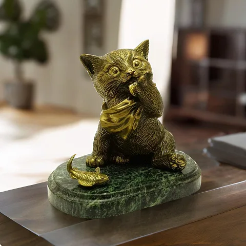 Статуэтка «Котенок-обжора» из бронзы со змеевиком — оригинальный подарок